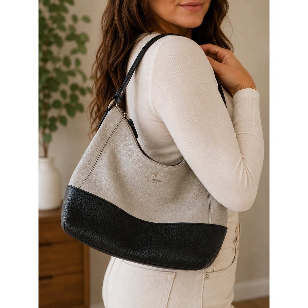 Kate Spade Hobo Leather Shoulder Bag Beige Black Colorblock Preppy‎ Minimalist
